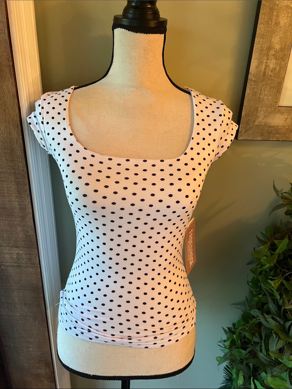 Polka Dot Scoop Neck Short Sleeve Top - White/Black